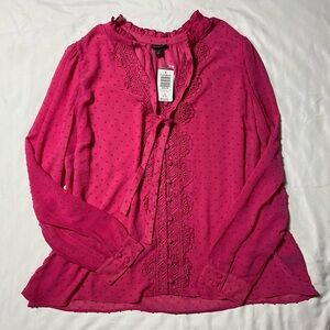 NWT Size 1 torrid hot pink sheer long sleeve top with button down detail and tie